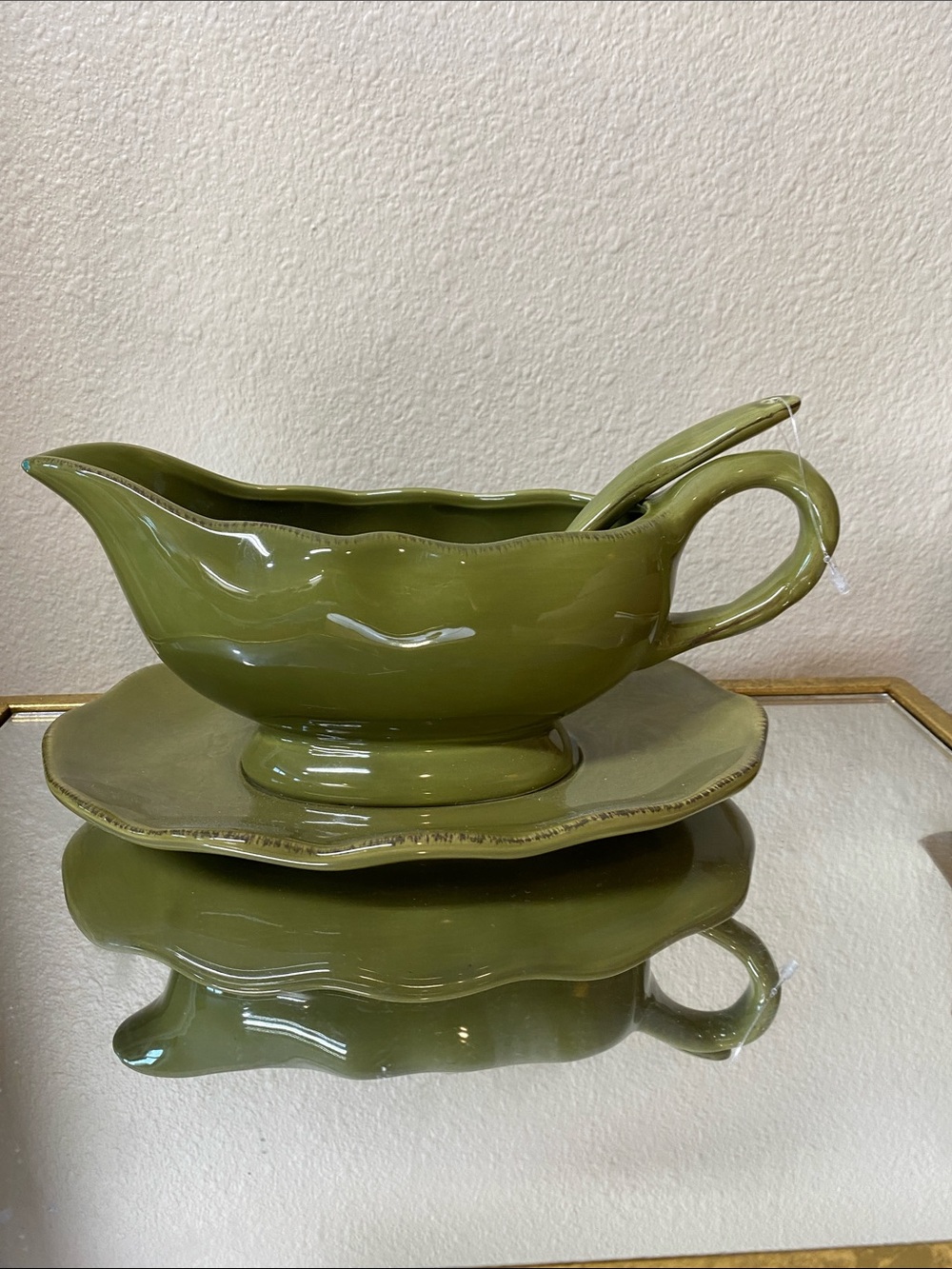 Green Ceramic Gravy Boat with Underplate and Ladle